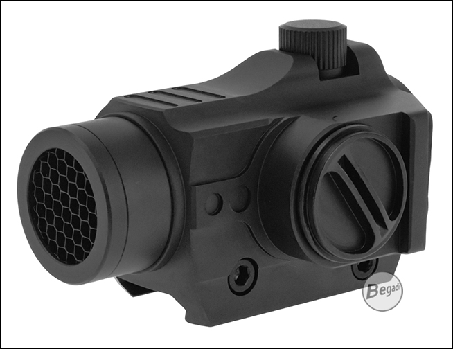 Begadi Sentinel Red Dot aus Aluminium, schräge Frontansicht mit montiertem Killflash und Einstellrad