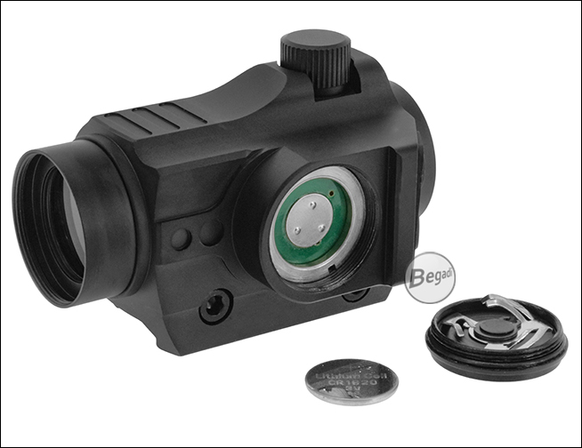 Begadi Sentinel Red Dot mit geöffnetem Batteriefach und herausgenommener CR1620-Knopfzelle