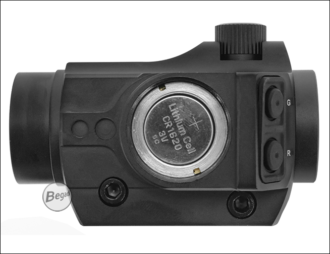 Batteriefach des Begadi Sentinel Red Dot mit eingesetzter CR1620-Batterie