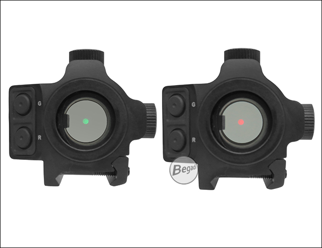 Begadi Sentinel Red Dot, Vergleich des grün und rot beleuchteten Punktabsehens