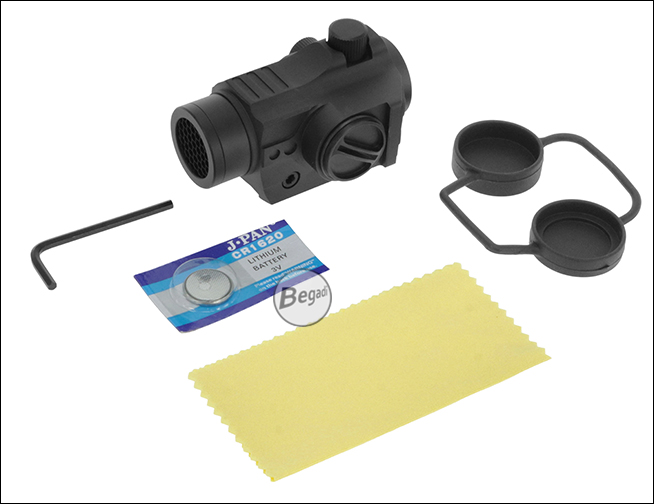 Lieferumfang Begadi Sentinel Red Dot mit Gummiabdeckungen, CR1620-Batterie, Inbusschlüssel und Reinigungstuch