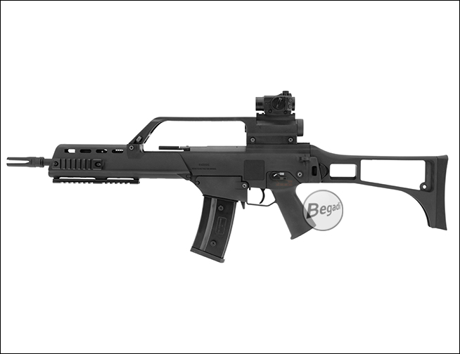 Airsoft-Gewehr mit klappbarem Schaft und montiertem Begadi Sentinel Red Dot