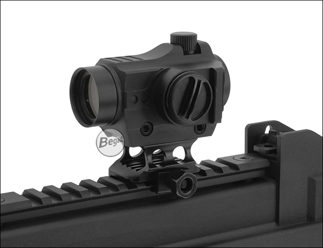 Begadi Sentinel Red Dot mit Killflash auf Picatinny-Riser, Nahaufnahme der Montage