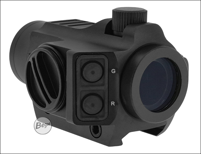 Begadi Sentinel Red Dot, Rückansicht mit Objektivlinse und Tasten für Rot und Grün