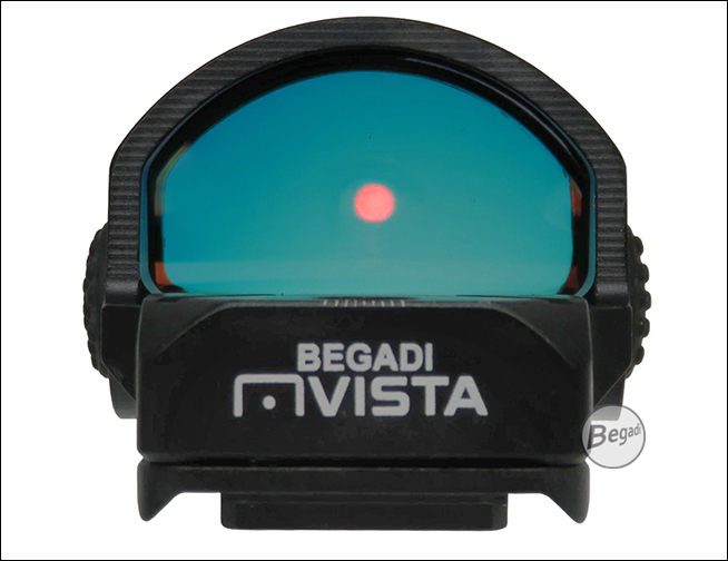 Blick durch das Begadi Vista Airsoft-Rotpunktvisier mit eingeschaltetem roten Punkt