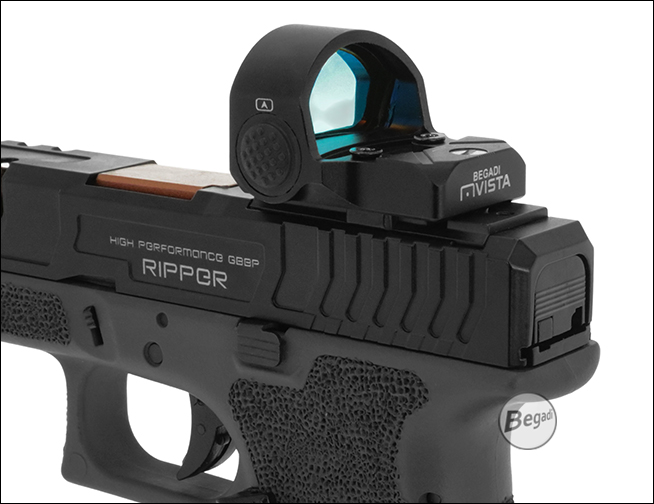 Nahansicht des Begadi Vista auf dem RIPTOR-Schlitten einer Airsoft-Pistole, linke Seite