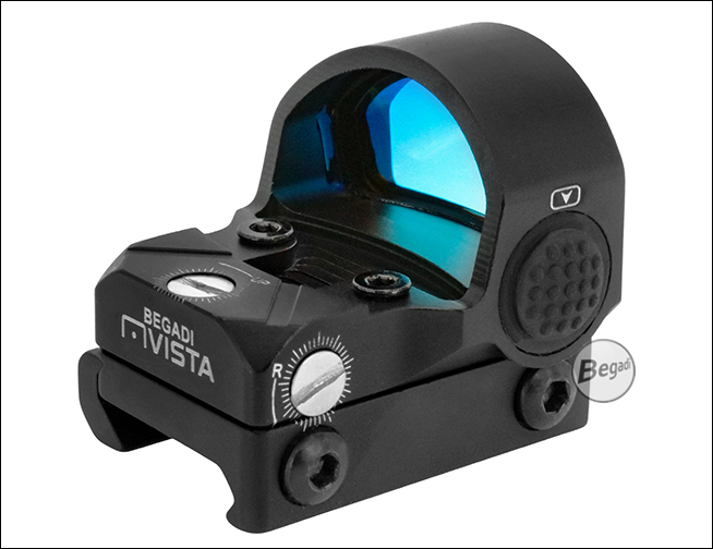 Begadi Compact Red Dot Vista mit Picatinny-Montage, Blick auf Linse und Seitenverstellung