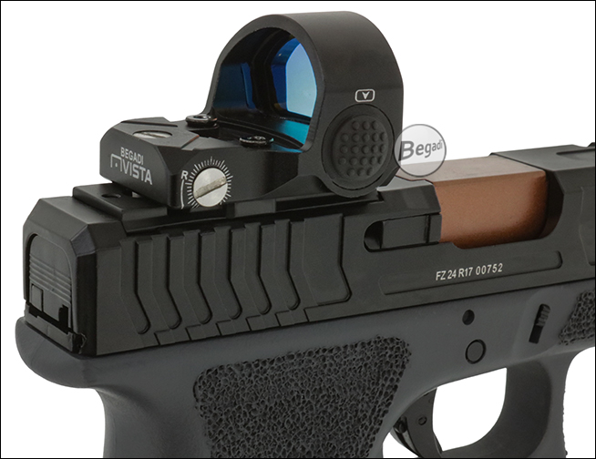 Nahansicht des Begadi Vista auf dem RIPTOR-Schlitten einer Airsoft-Pistole, rechte Seite