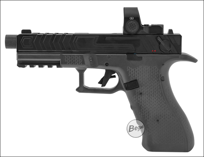 Airsoft-Pistole der G-Serie mit Begadi Vista auf dem Schlitten, linke Seitenansicht