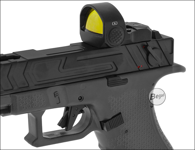 Begadi Vista auf dem Schlitten einer G-Serie Airsoft-Pistole, vordere Nahansicht
