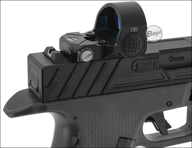 Begadi Vista auf dem Schlitten einer G-Serie Airsoft-Pistole, hintere Nahansicht