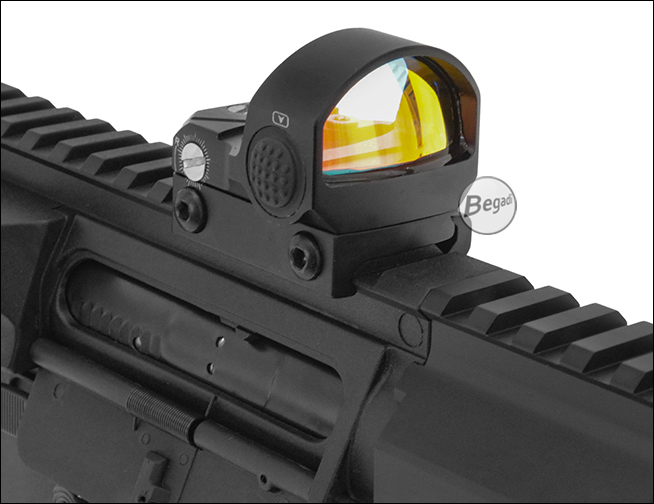 Begadi Vista mit Picatinny-Montage auf einem Airsoft-Gewehr im M4-Stil, vordere Nahansicht