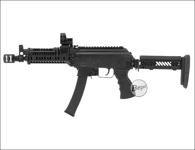 Airsoft-Gewehr im AK-Stil mit Begadi Vista auf der oberen Montageschiene, Gesamtansicht