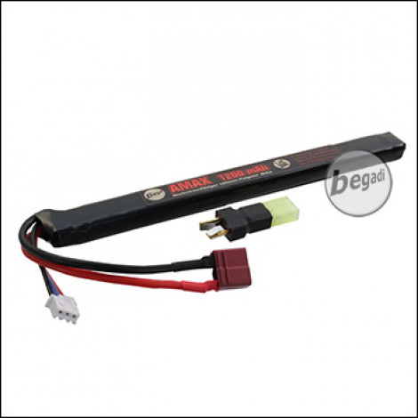 Begadi "AMAX" LiPo Akku 7,4V 1200mAh 20C AK Short Single Stick mit Dean & Adapter auf Mini TAM -rot-