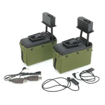 2x Mini Magazin für A&K M249 Serie, 1500 Schuss -olive- [Nicht- LiPo ready, ohne Akku aber mit Druckknöpfen und Lader !]