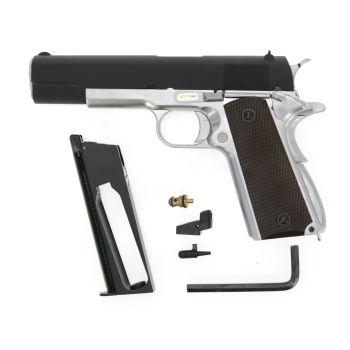 WE 1911 -Silver Line- CO2 HV GBB mit schwarzem Schlitten in der "Upgrade Version" mit Begadi Stainless Efficiency Ventil, Koffer & Maintenance Kit (frei ab 18 J.)