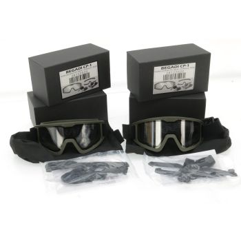 2x Begadi CP1 Schutzbrille mit Double Lens, Set mit Helmmontage "Standard" (flaches Glas) - olive