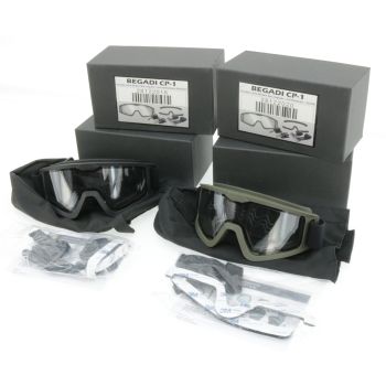 2x Begadi CP1 Schutzbrille mit Double Lens, Set mit Helmmontage "Standard" (flaches Glas) - olive + schwarz