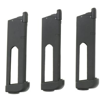 3x Magazin für KJW M1911 Serie, 26 BBs - CO2 Version  (2x mit Begadi Stainless Efficiency Ventil und 1x  mit Original Ventil)  - alle dicht !