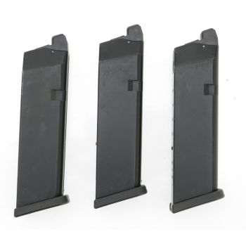 3x Magazin für WE G - Force 17 / 19 / 34 Serie, 25 BBs -CO2 Version- (2x mit Begadi Stainless Efficiency Ventil, 1x mit originalem Ventil) - für Bastler !