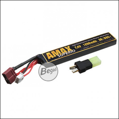Begadi "AMAX Superio" LiPo Battery 7.4V 1200mAh 30 / 60C+ "Single Stick" with Dean & Adapter to Mini TAM -gold-colored-