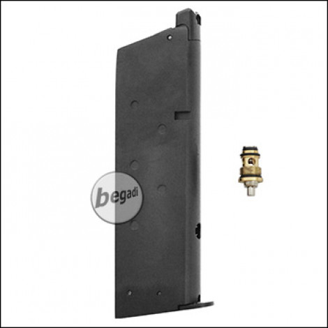 Magazine for WE M 1911 series, 15 BBs -Gas version, black- with Begadi Stainless Efficiency valve + replacement WE outlet valve