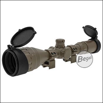 Begadi Sniper Scope / Zielfernrohr "CROW50" 4-16 x 50 mit bel. Absehen (rot/grün/blau), Montage & Sonnenblende -Dark TAN / FDE-