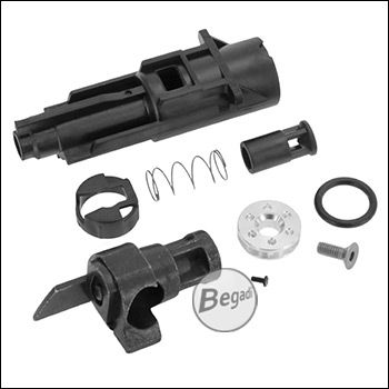 KJW M9 GBB "Pro" Nozzle Set aus faserverstärktem Nylon Kunststoff - inkl. verbautem Inner Valve und CNC Alu Pistonhead samt Halteblock