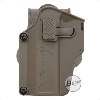 BEGADI "Multi Fit" Hartschalen Pistolen Holster mit Paddle, TAN -links-