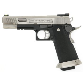 WE HiCapa Force GBB -schwarz / silber- inkl. Reddot Mount "Upgrade Version" mit Begadi Stainless Efficiency Ventil, CNC Alu Pistonhead, Koffer & Maintenance Kit (frei ab 18 J.)