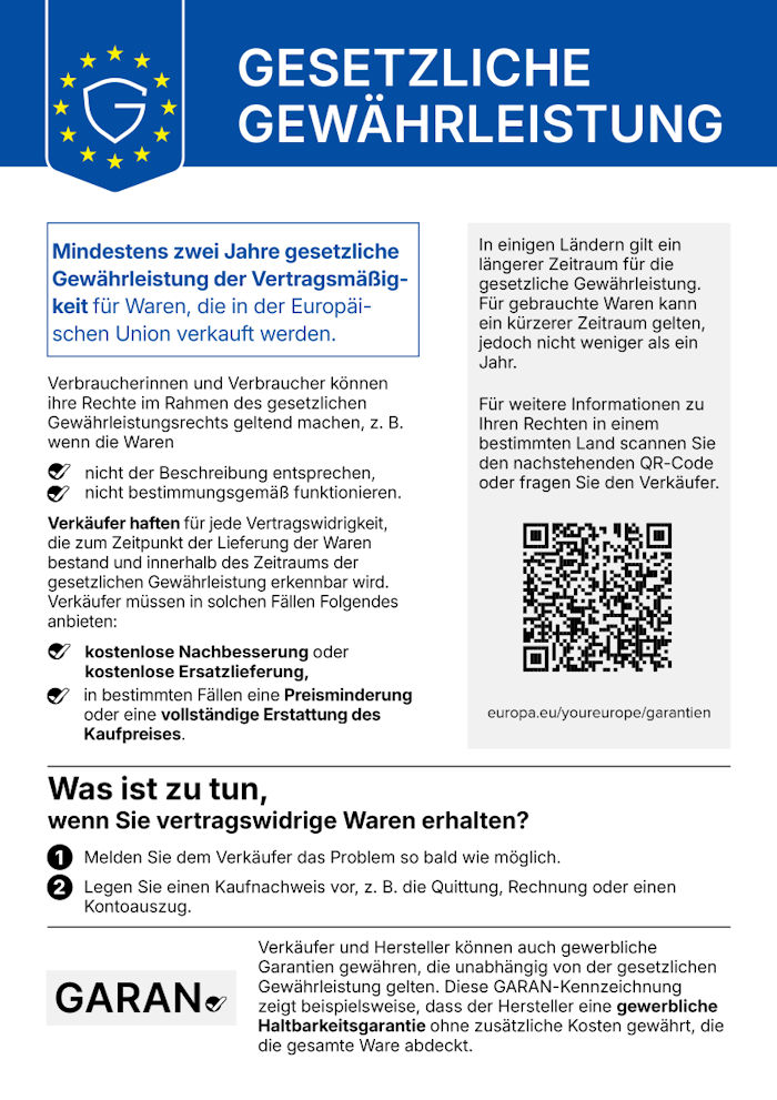 Offizieller EU-Hinweis zur gesetzlichen Gewährleistung. Die vollständige barrierefrei lesbare Textfassung folgt direkt unter dem Bild.