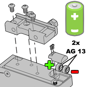 Technische Zeichnung zum Einlegen der Batterien und Position der Schrauben